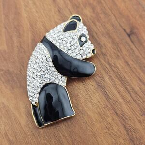 Panda Bear Brooch Pin Rhinestone Crystal Encrusted Statement Jewelry Grannycore